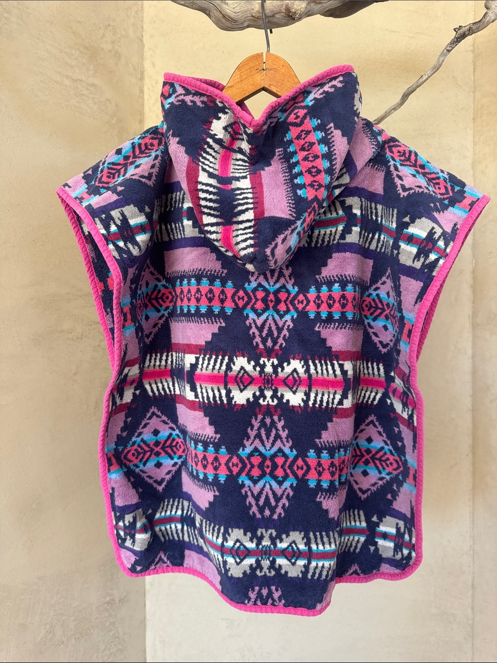 Pendleton Kids Hooded Poncho - Pink & Navy Aztec Print Beach Boho Girls western